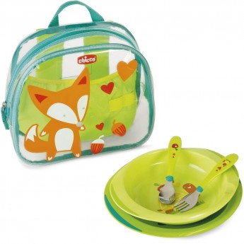 Набор детской посуды CHICCO (тарелка 2 шт, ложка, вилка) в рюкзачке 18м+