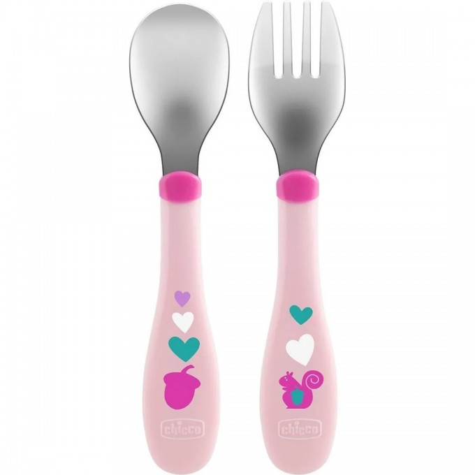 Набор столовых приборов CHICCO METAL CUTLERY 18м+ (ложка, вилка), розовый 00016102100000