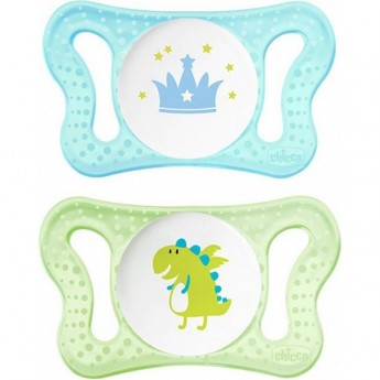 Пустышка CHICCO MICRO для принца, силиконовая, 0-2 мес., 2 шт., корона/динозавр